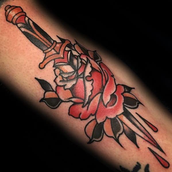 Dagger Through Rose Flower Guys Traditional Forearm Tattoo