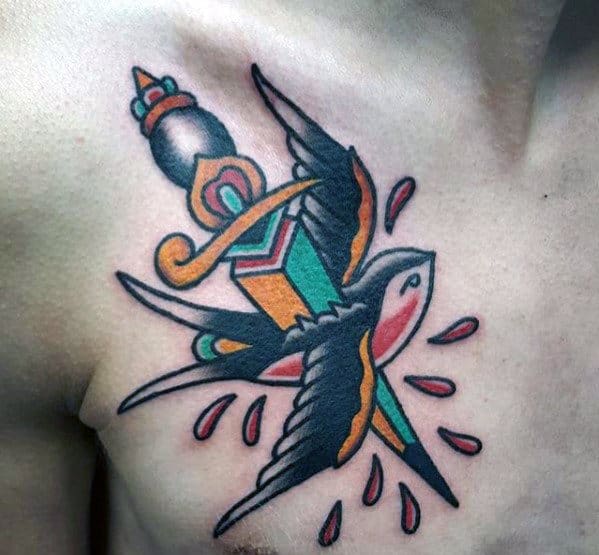 Traditional tattoo of a dagger piercing a flying swallow with red drops on the chest