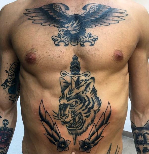 Dagger Through Tiger Mens Traditional Chest Tattoos