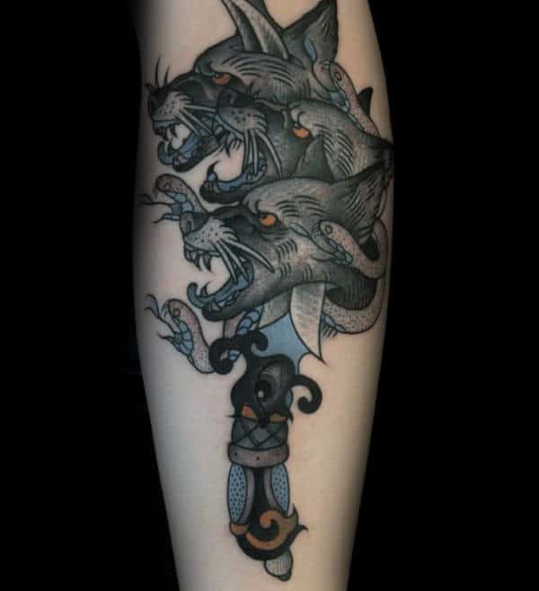 Dagger With Cerberus Mens Forearm Tattoos