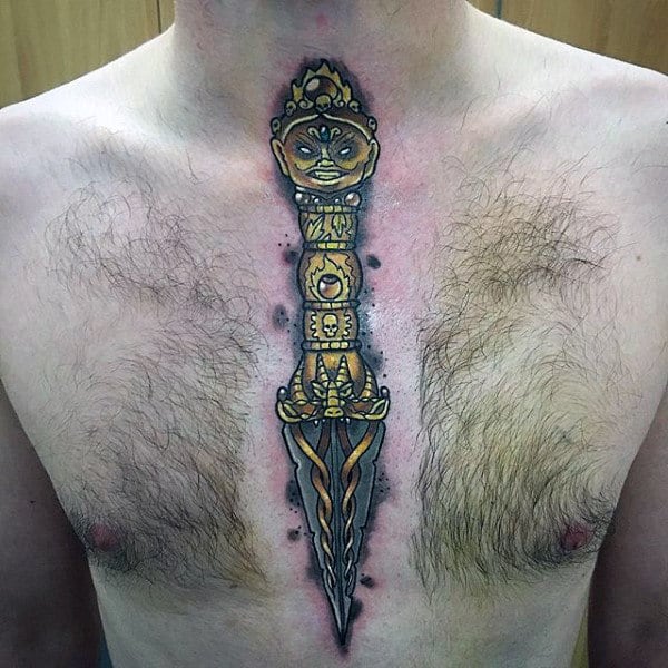 Dagger With Golden Handle Tattoo Male Chest
