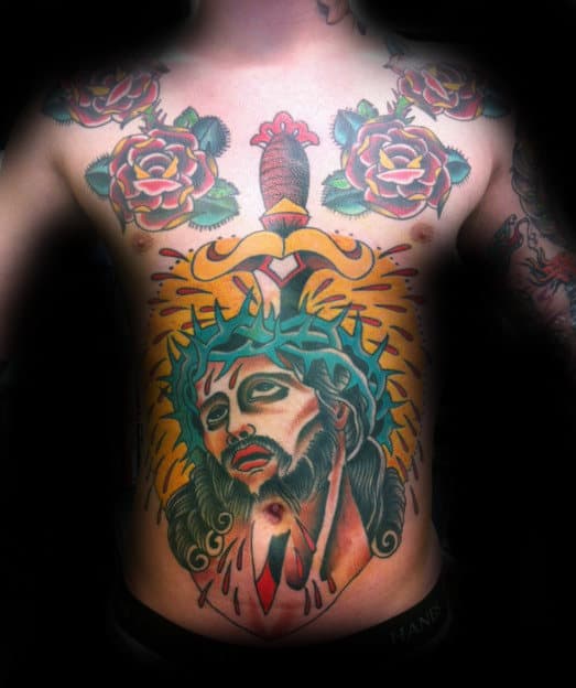 Dagger With Jesus Mens Traditional Old School Chest Tattoo