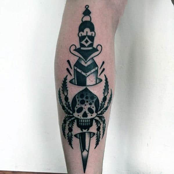 Dagger With Spider Traditional Guys Leg Tattoos