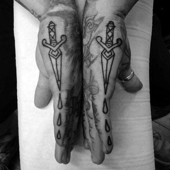 Tattooed hands with swords and dripping blood placed together, creating a mirrored effect