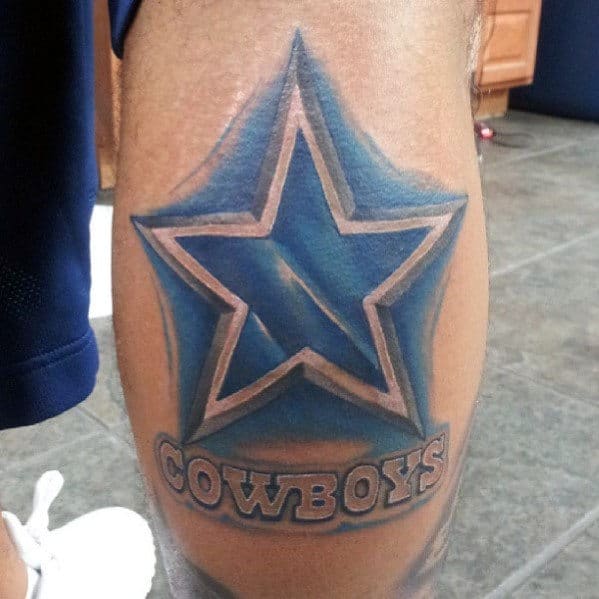 Dallas Cowboys Logo Guys Blue Star Back Of Leg Calf Tattoo