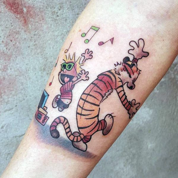 Dancing Calvin And Hobbes With Music Notes Mens Forearm Tattoo