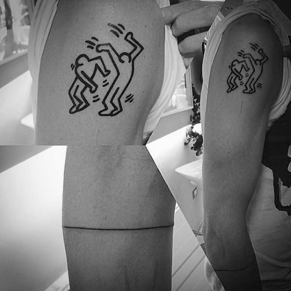 Dancing People Black Ink Outline Pop Art Male Tattoo On Upper Arm