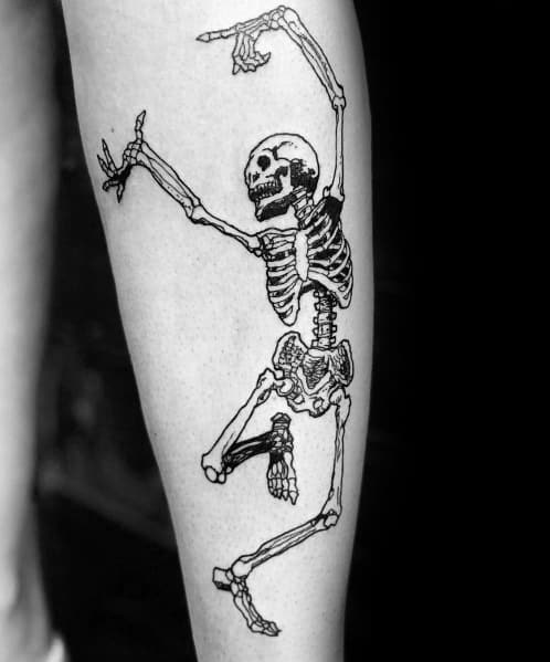 Bold dancing skeleton tattoo with exaggerated movement, featuring raised arms and a playful pose, creating a striking and energetic design.