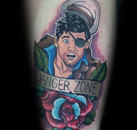 Vibrant Archer tattoo featuring a distressed spy with an eyepatch, a 'Danger Zone' banner, and a bold red and blue rose.