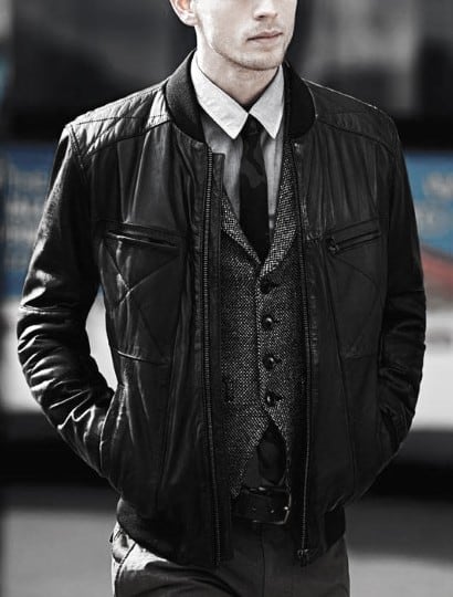 Dapper Male Black Leather Jacket How To Wear A Leather Jacket Outfit Grey Vest And Black Tie