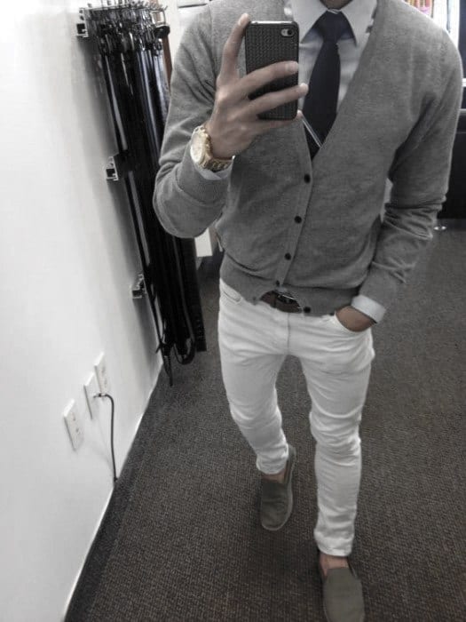 Dapper Male What To Wear With White Jeans Grey Sweater And Tie