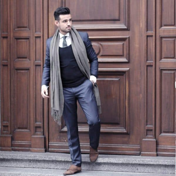 Dapper Mens Navy Blue Suit Brown Shoes And Grey Long Scarf Fall Season Styles