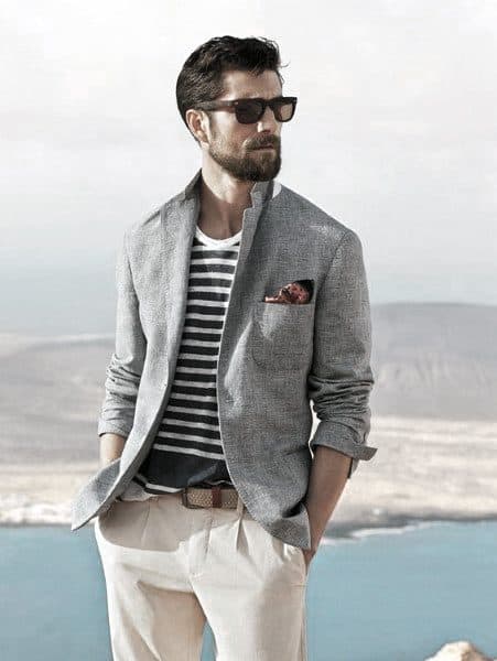 Dapper Mens Summer Outfits Styles Grey Blazer With Striped Shirt