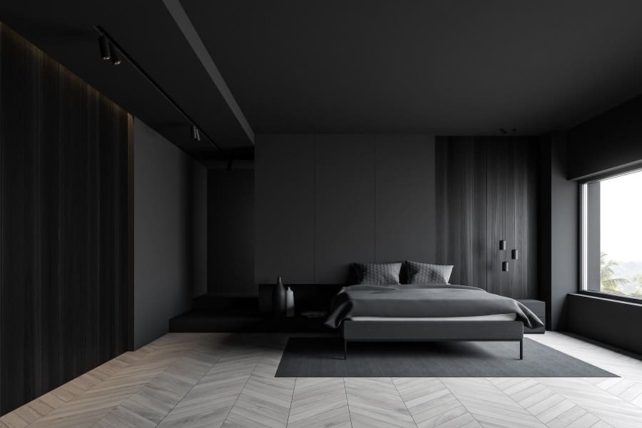 large minimalist dark modern apartment bedroom 