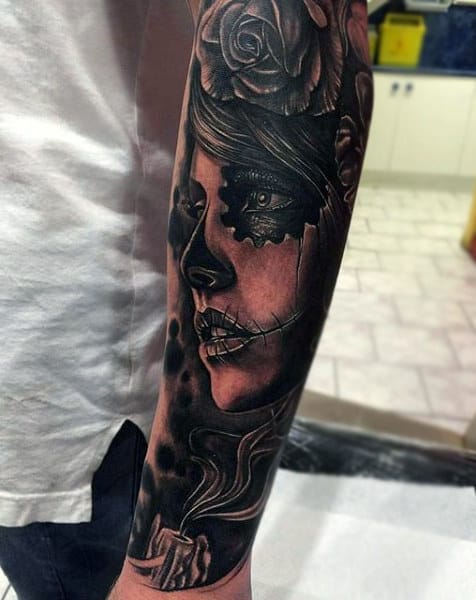 Dark Black Burning Candle And Lady Day Of The Dead Tattoo Mens Forearms