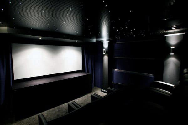 Starry-ceiling home theater with plush seating and a large white screen
