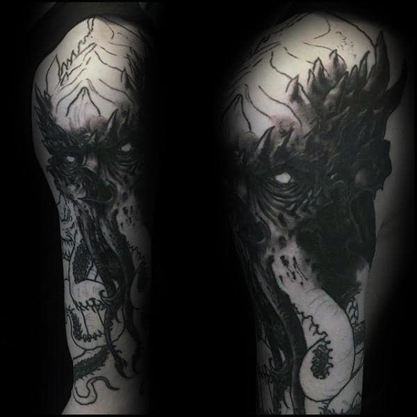 Dark Black Ink Cthulhu Guys Full Arm Tattoo Designs