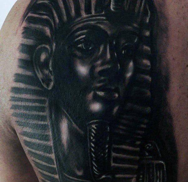 Dark Black Ink King Tut Mens Shoulder Tattoo Design Ideas