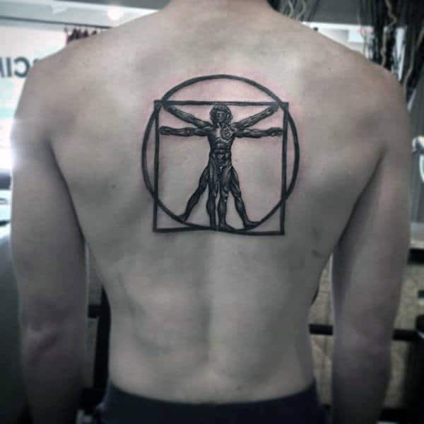 Dark Black Ink Male Vitruvian Man Center Of Upper Back Tattoos