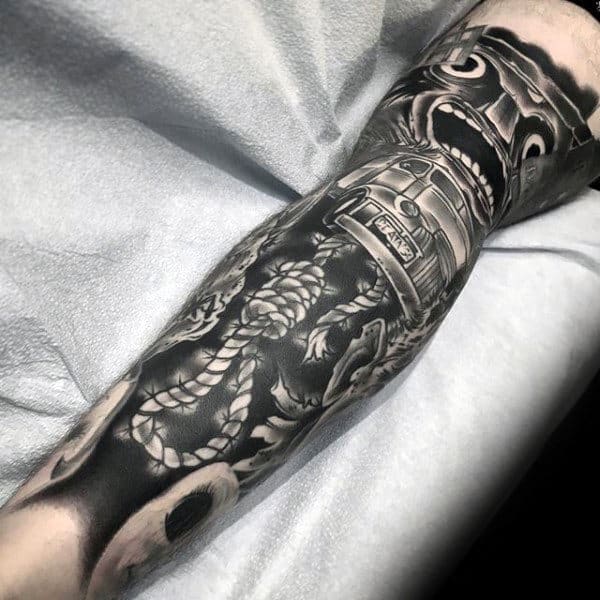 Dark Black Ink Shaded Noose Sleeve Mens Tattoos