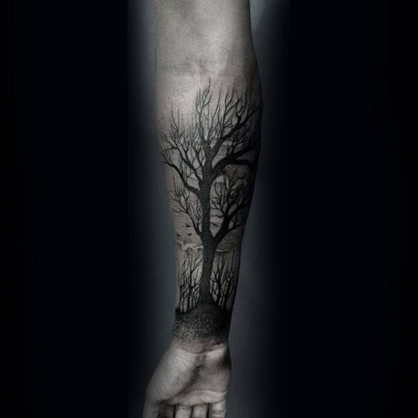 Dark Black Ink Shaded Tattoo Of Tree On Male