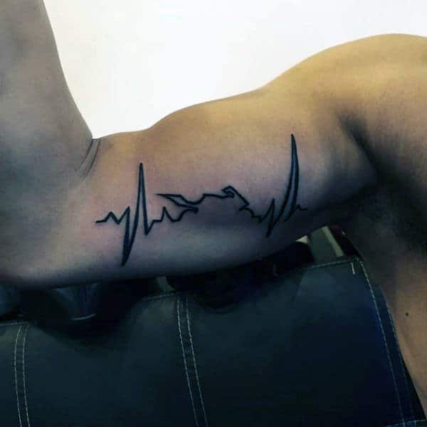 Dark Black Shaded Mens Upper Arms Heartbeat Tattoo