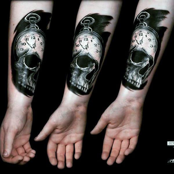 Dark Black Skull And Pocket Watch Tattoo Forearms Guys