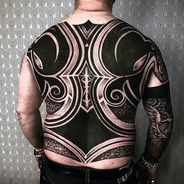 Dark Black Speherical Pattern Tattoo Male Full Back
