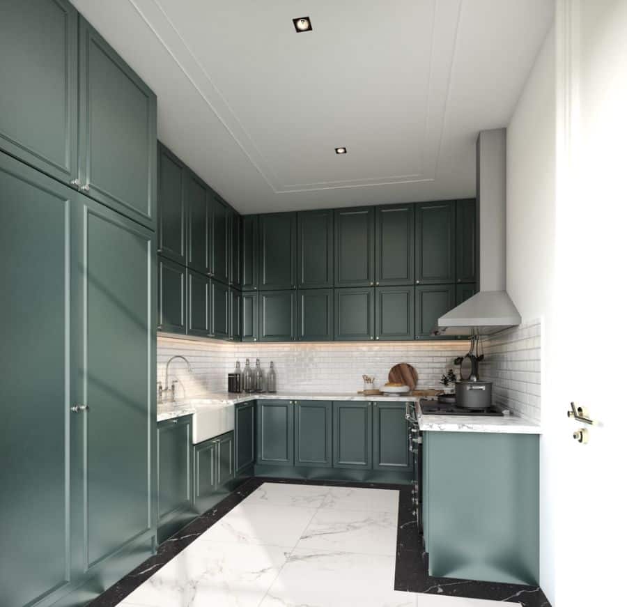 green kitchen cabinets marble flooring white subway tiles
