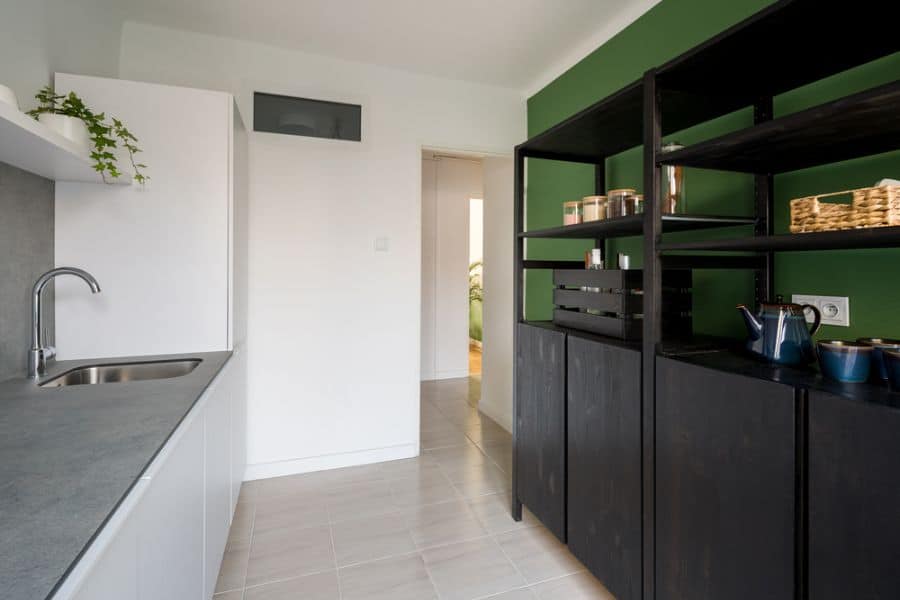 green accent wall galley kitchen