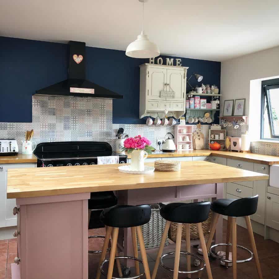 country style kitchen blue accent wall pattern tile backsplash