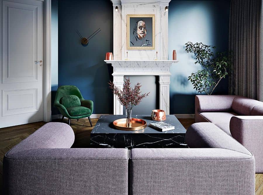 luxury living room with blue accent wall and marble fireplace 