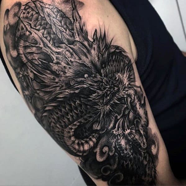 Dark Dragon Mens Black And Grey Outer Arm Tattoo Ideas