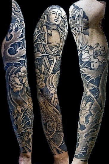 Dark Full Sleeved Floral Buddha Tattoo For Men