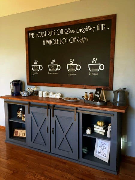 Coffee bar with dark grey cabinets, chalkboard menu, farmhouse decor, and wooden countertop.