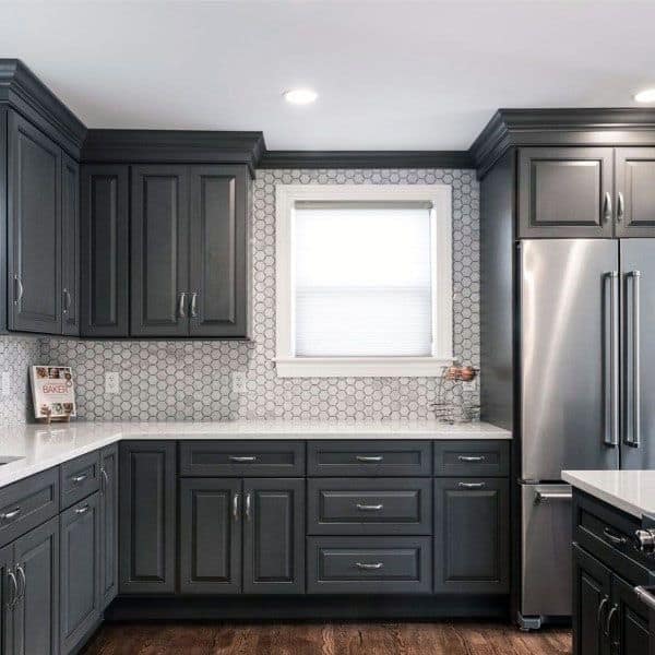 dark gray kitchen cabinet mosaic white tile splashback 