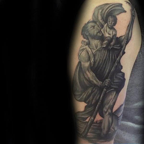 Dark Grey Saint Christopher Male Arm Tattoos