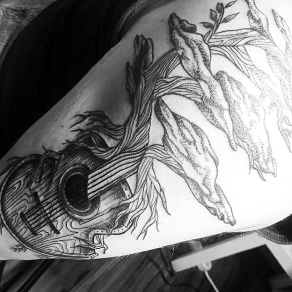 Dark Guitar With Vines Tattoo For Men On Arms