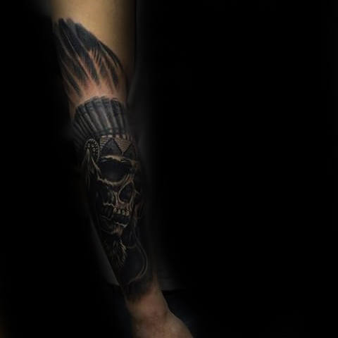 Dark Indian Skull Guys Tattoo On Forearm