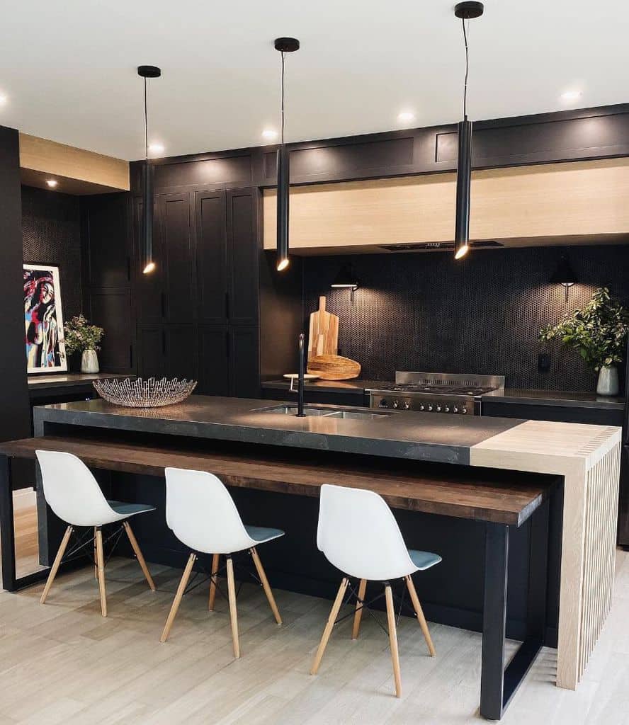 modern dark kitchen white chair wood bench