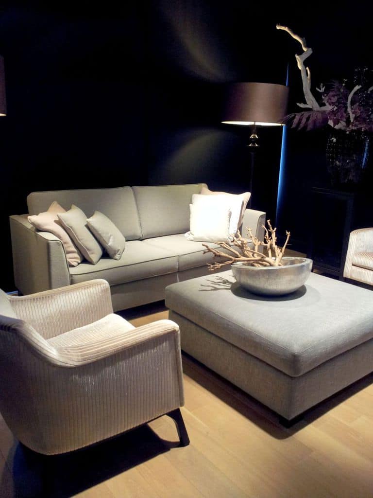 dark living room with gray sofa