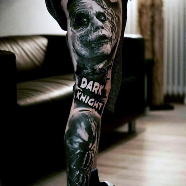 Dark Knight Themed Mens Joker Full Leg Sleeve Tattoos