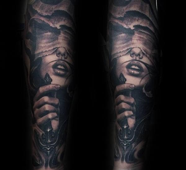 Dark Lady Justice Male Forearm Sleeve Tattoo Ideas