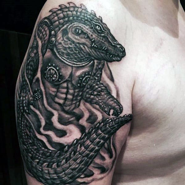 Dark Men Shoulder Alligator Tattoo