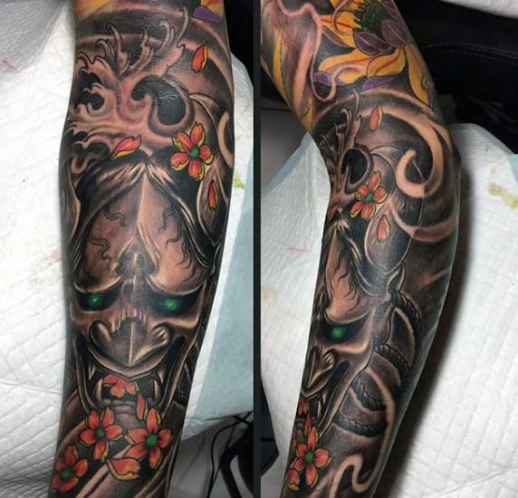 Dark Mens Hannya Mask Tattoo Sleeve With Orange Flowers