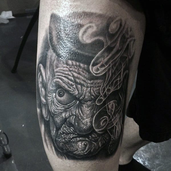 Dark Mens Popeye Thigh Tattoo With Realistic Portrait Design