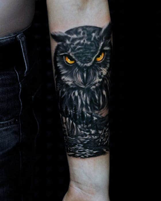 Dark Owl With Glowing Yellow Eyes Male Inner Forearm Tattoos