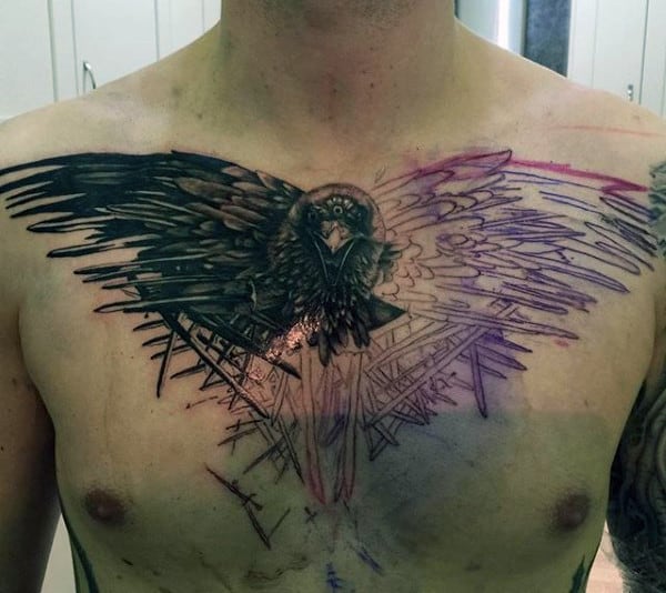 Dark Raven Tattoo With Purple Stencil Outline Tattoo On Guys Chest