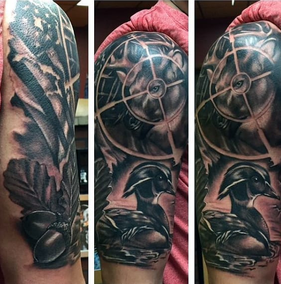 Dark Shaded Abstract Masculine Duck Tattoo On Man