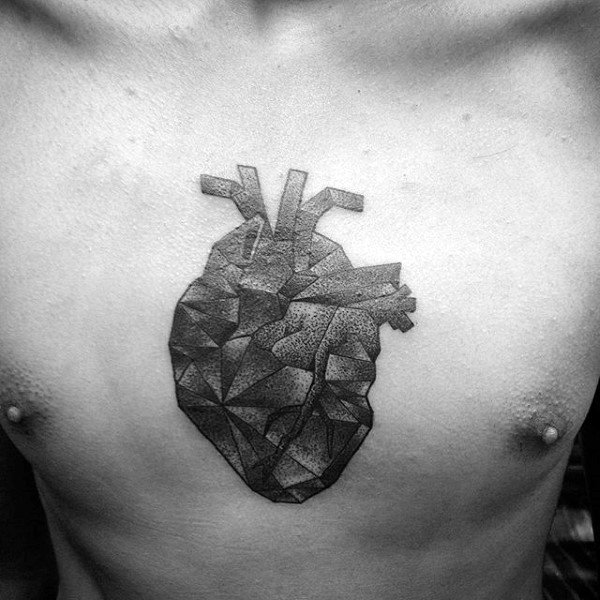 Dark Shaded Geometric Heart Black And Grey Male Chest Tattoo